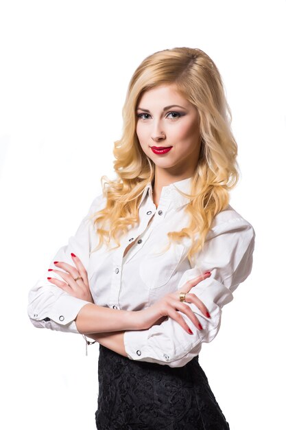 Portrait of young happy smiling businesswoman, isolated on white background