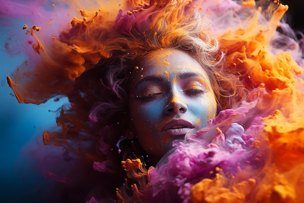 塗料とオレンジの粉末の雲の中で踊っているクリシュナの形をした若者の肖像画
