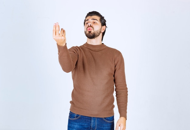 Portrait of a young man model with beard standing and posing with hands . High quality photo