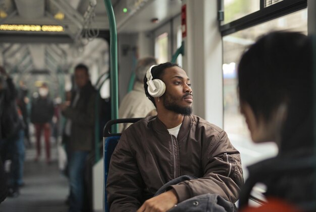 portrait of young man on the tram