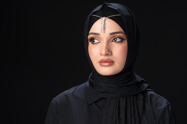 검은 배경에 히잡을 쓴 젊은 이슬람 여성의 초상화