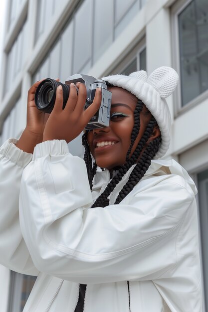 portrait of young person celebrating world photography day with camera device