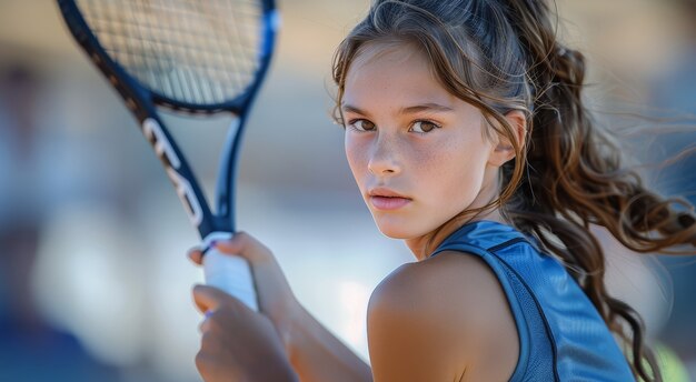 Portrait of young player practicing tennis