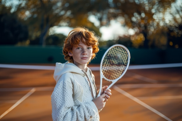 Portrait of young player practicing tennis