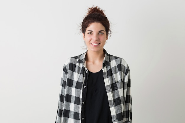 Free photo portrait of young pretty woman, smiling, happy, sincere, natural, positive emotion, isolated on white background, checkered shirt, hipster style, modern youth, student