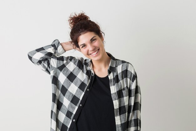 Portrait of young pretty woman, smiling, happy, sincere, positive emotion, isolated on white background, checkered shirt, hipster style, modern youth