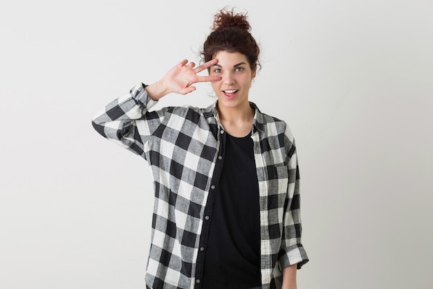 Free photo portrait of young smiling happy hipster pretty woman in checkered shirt posing isolated, emotional