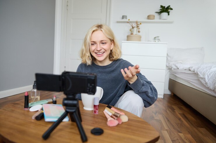 Free Photo portrait of young teenage girl in her room recording a vlog daily lifestyle video for social media