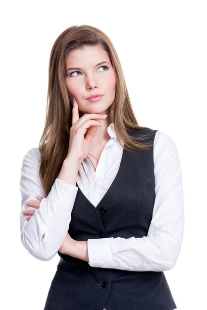 Portrait of the young thinking woman looks up - isolated on white background.