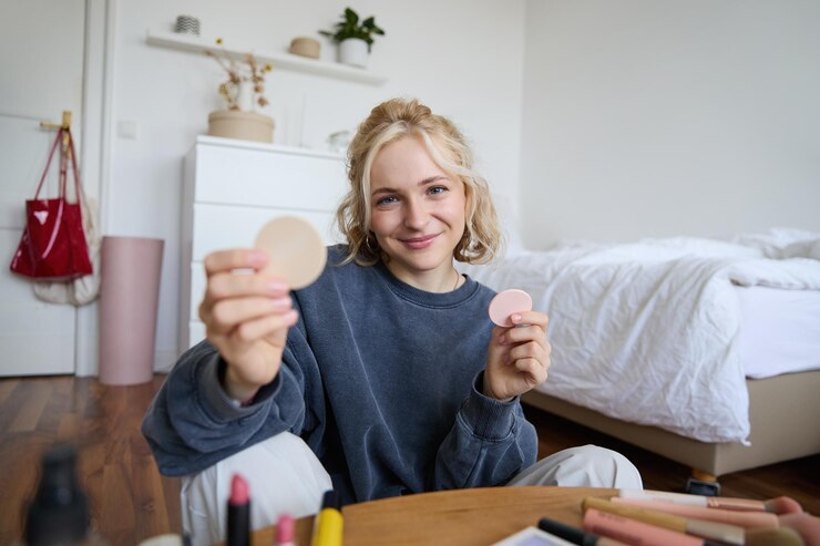 Portrait of young woman content creator showing beauty makeup products at camera sitting on floor in
