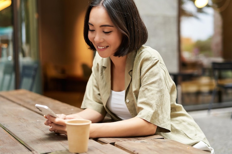 無料Photo スマートフォンを使用して市内のベンチでコーヒーを飲みながらテイクアウトを楽しむ若い女性のポートレート