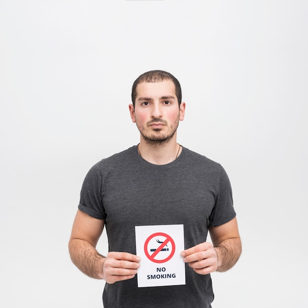 Portrait of a young woman holding no smoking sign against white background