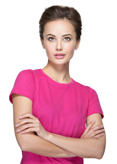 Portrait of a  young woman looking up