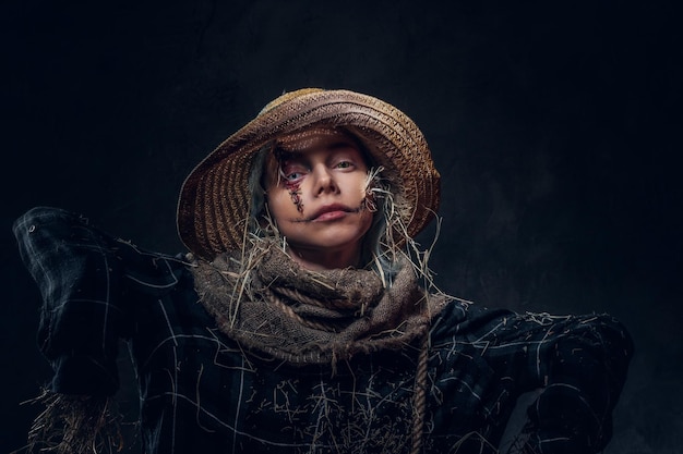 Portrait of young woman on masquerade in dreadful scarecrow costume on the dark background.