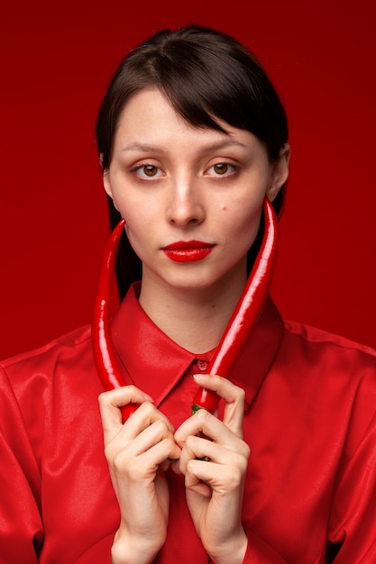 Free photo portrait of young woman posing with chili pepper