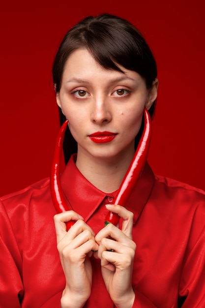 Portrait of young woman posing with chili pepper