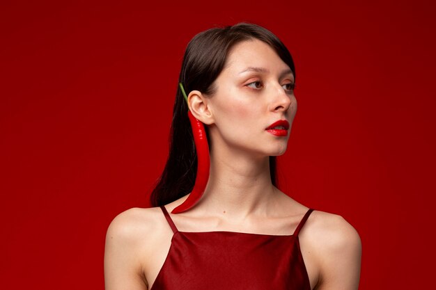 Portrait of young woman posing with chili pepper