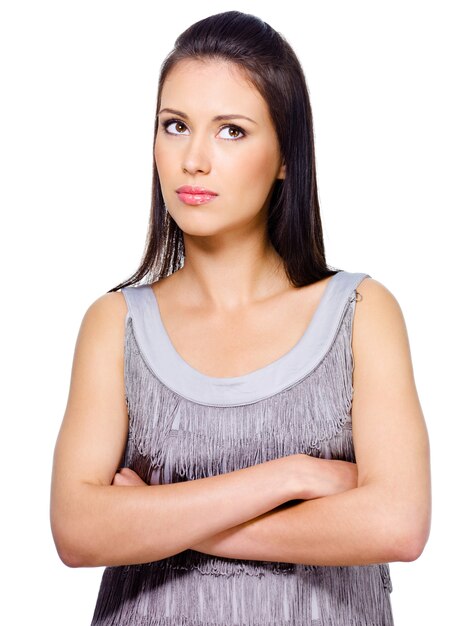 Portrait of young woman with bright emotion of thoughtful - isolated on white