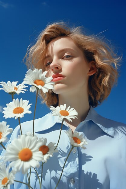 Portrait of young woman with flower bouquet