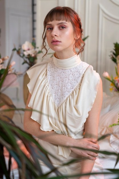 Portrait of young woman with flowers wearing a boho chic dress