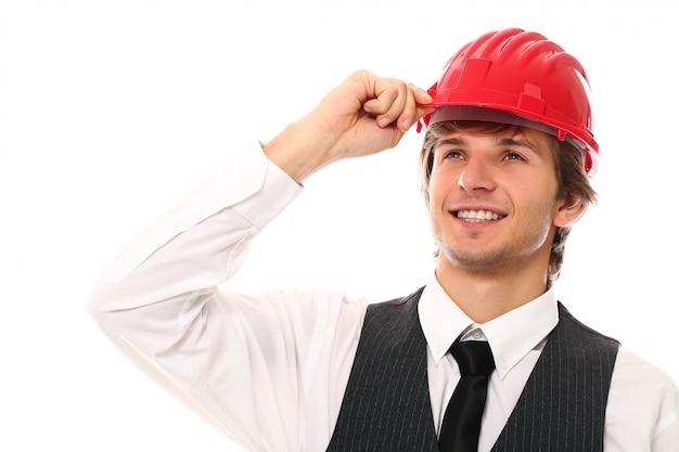 Free photo portrait of young worker man with industrial helmet