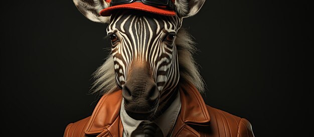 Portrait of a zebra dressed in a leather jacket and a cap