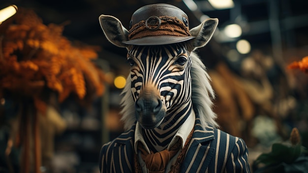 Free photo a portrait of a zebra wearing a hat