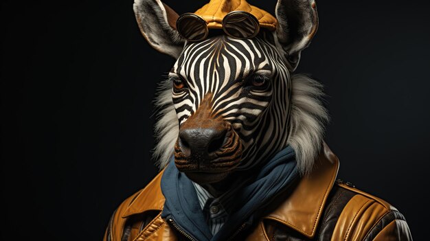 Portrait of a zebra wearing a leather jacket and a hat