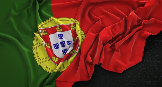 어두운 배경에 주름이 포르투갈 국기 3D 렌더링