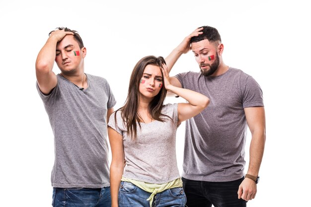 Portugal lose. Group of football fans support Portugal national team on white background. Football fans concept.