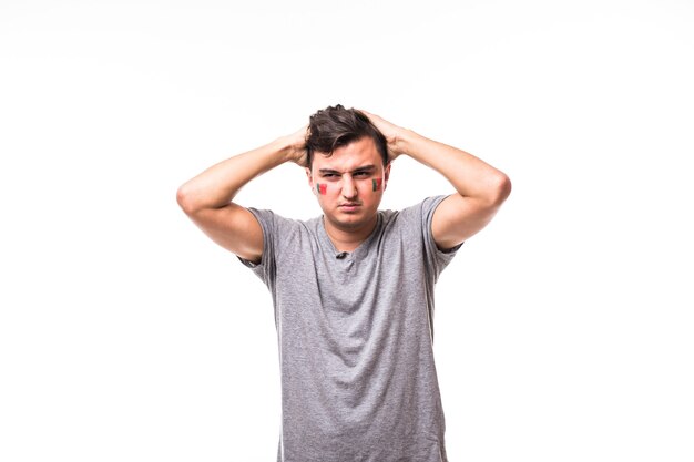 Portugal lose. Unhappy and Failure of goal or lose game emotions of Portugal football fan in game supporting of Portugal national team on white background. Football fans concept