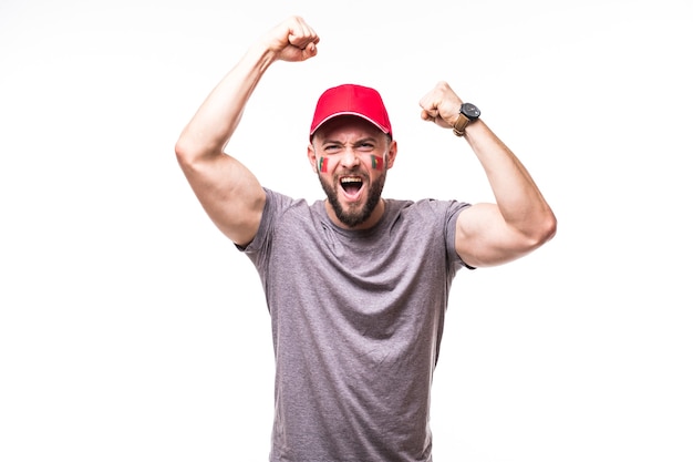 Free photo portugal win. victory, happy and goal scream emotions of portugal football fan in game support of portugal national team on white background. football fans concept.