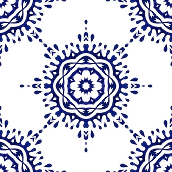 Portuguese azulejo tiles. blue and white gorgeous seamless pattern with flower. handdrawn watercolor painting