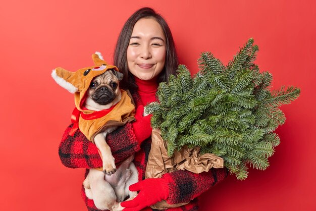 Positive Asian woman poses with favorite pet and spruce branches dressed in winter clothes smiles gladfully expresses love to pug dog isolated over red background Animals people friendship