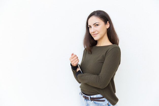 Positive confident female woman posing with tablet