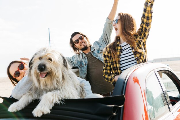 Positive man and smiling women with upped hands near dog leaning out from auto
