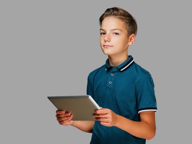 The positive teenager boy holds tablet PC over grey background.