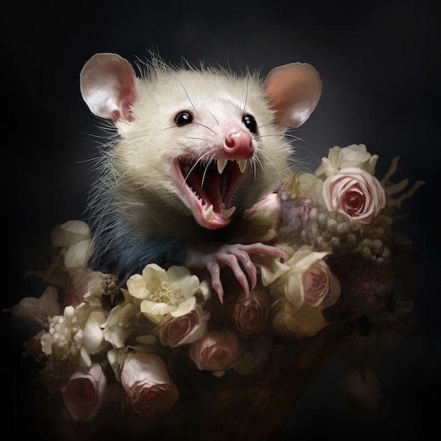 Free photo possum with flowers in studio