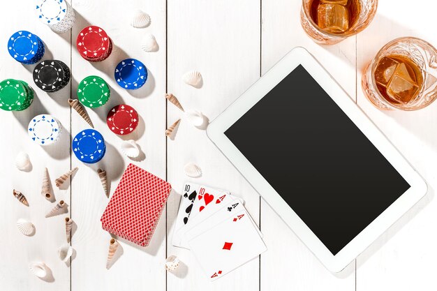 Post blog social media poker. View from above with copy space. Banner template layout mockup for online casino. Wooden white table, top view on workplace. Banner for online casinos and gambling