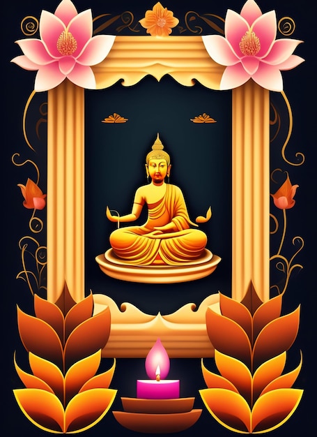 Foto gratuita un poster di buddha con una cornice dorata e un fiore sul fondo.