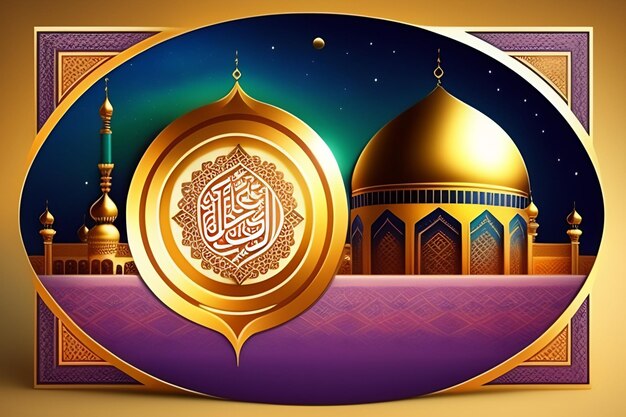 A poster for the islamic festival of light with a mosque and a gold background.