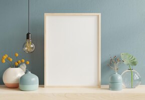 Poster mockup with wooden frame in home interior background.3d rendering