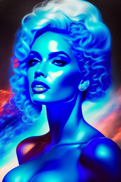 Плакат женщины с синими волосами и красным топом.