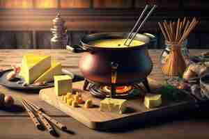 Free photo a pot of cheese sits on a stove next to a pot of cheese.