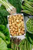 Free photo potatoes in a wooden box with green pods, peas, dill, green onions, spinach, sorrel, lettuce, asparagus top view on a white wall