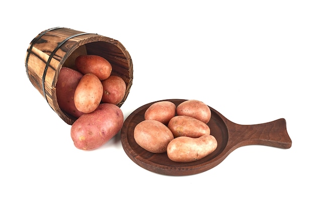 Potatoes on a wooden platter.