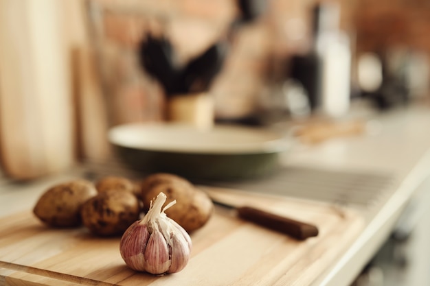 Potatos and garlic in the kitchen