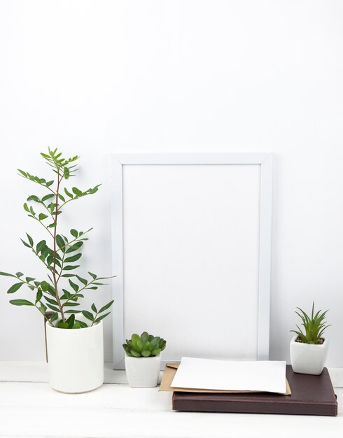 Potted plant; white frame and diary at home