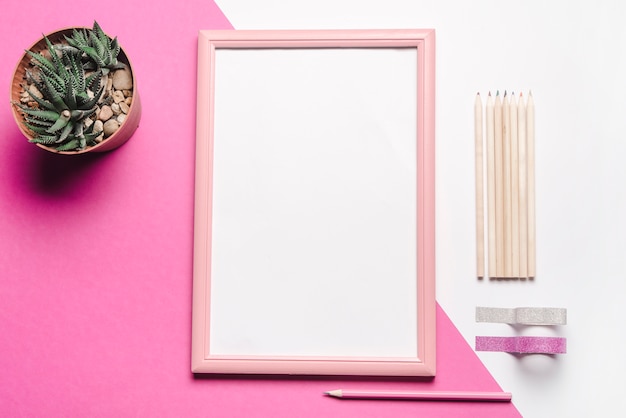 Potted plant; white picture frame; pencils and sticky ribbons on dual background