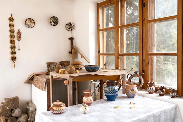 Pottery workplace with different creations on the table